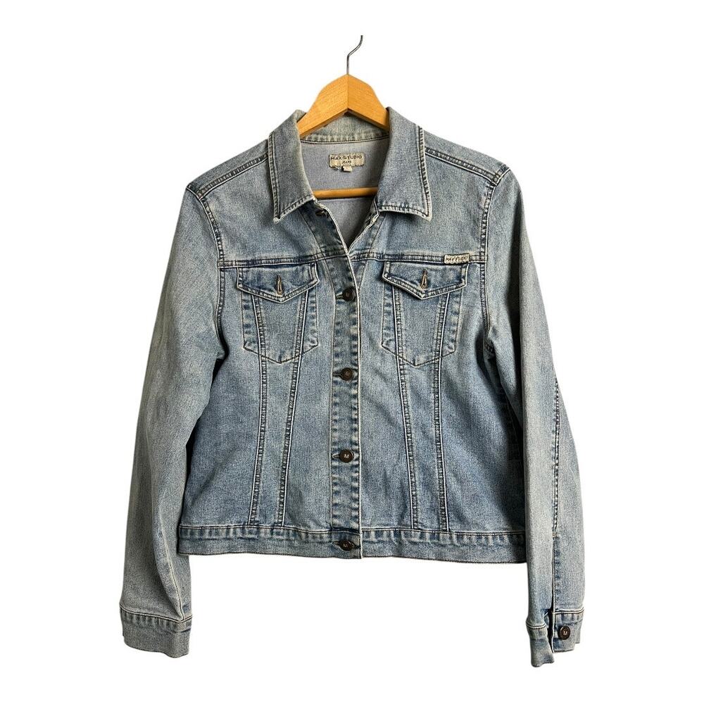 Max Studio Women’s Jean Jacket Denim Blue Cotton Casual Comfy L Large